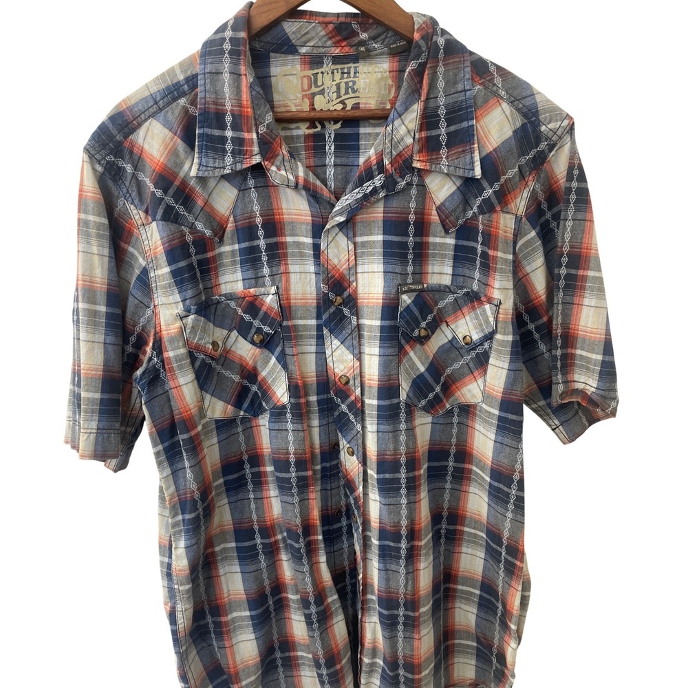 Southern Thread Men's Plaid Snap Button Western Shirt‎ XL Blue Red